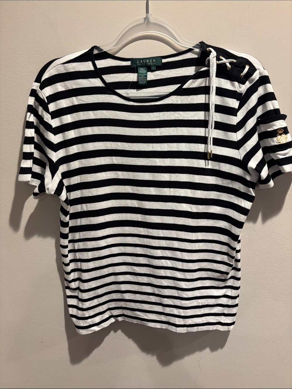 Lauren Ralph Lauren Black & White Striped Lace-Up Shoulder Tee